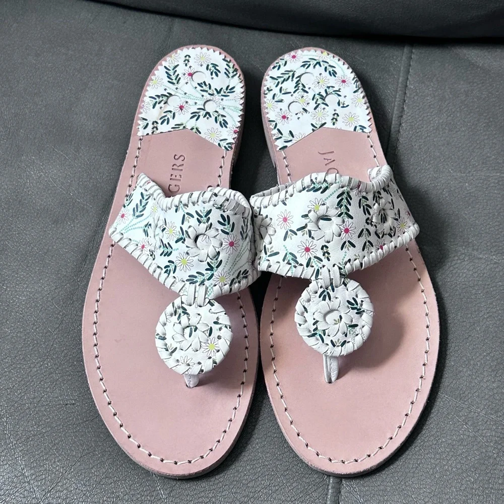 Jack Rogers White Floral Leather Thong Sandal